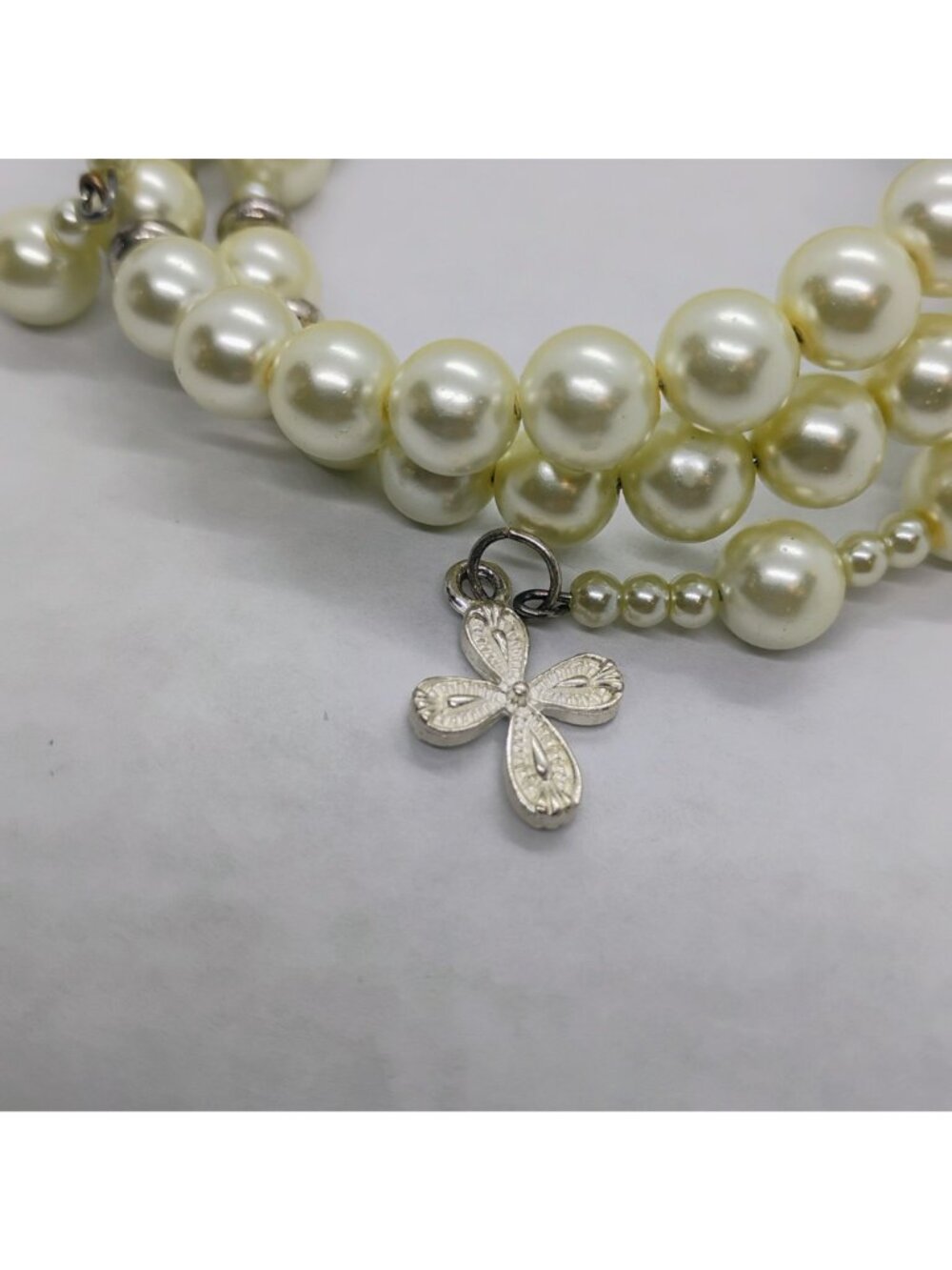 Coil Wrap Faux Pearl Bracelet w/Silver Tone Beads & Cross Charm - Picture 3 of 4